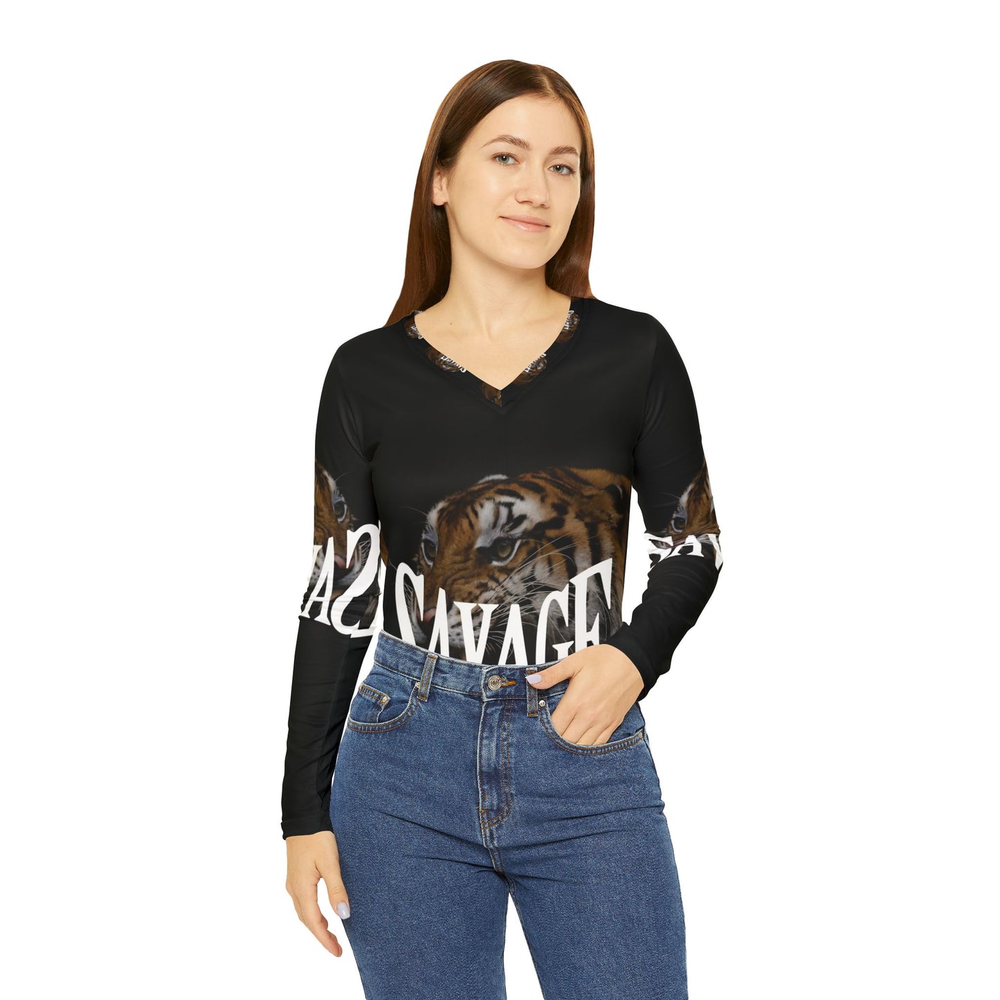 Savage Tiger Women's Long Sleeve V-Neck Shirt - Bold Fashion Statement for Fierce Styles