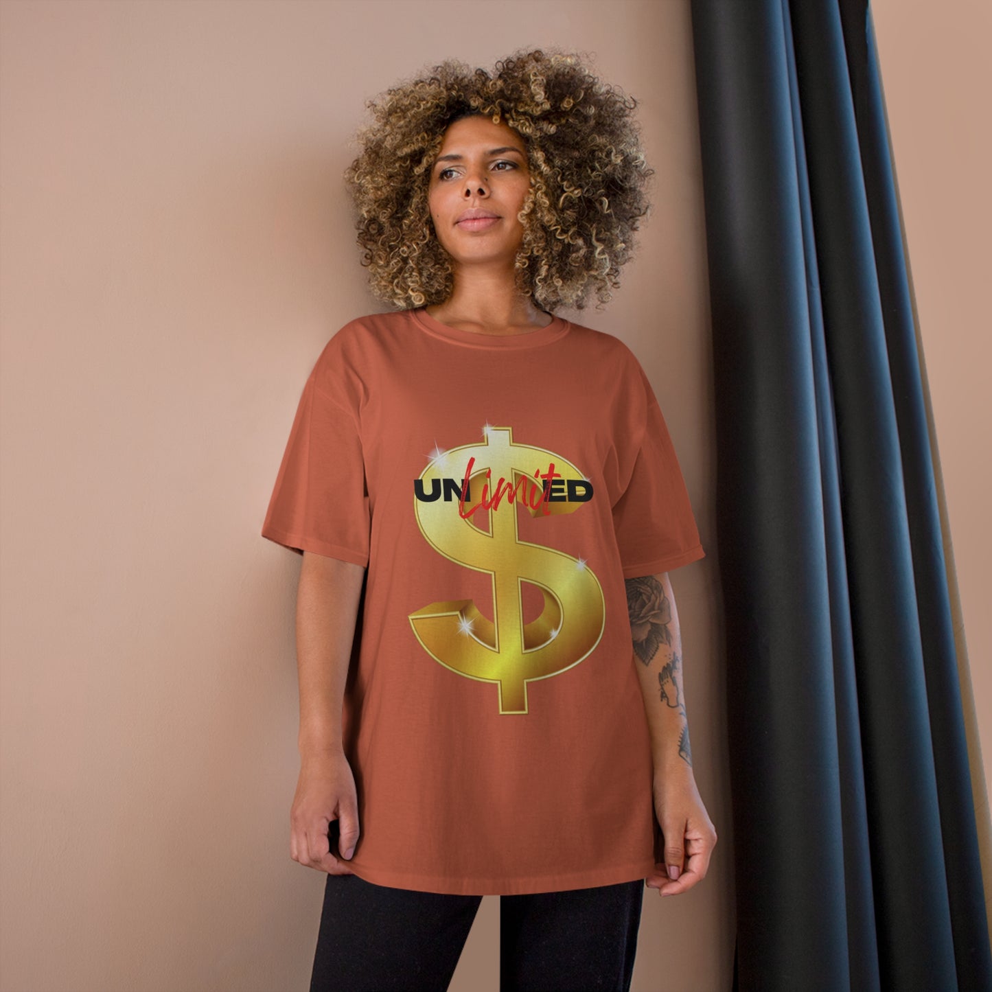 Unlimited Wealth Champion T-Shirt - Gold Dollar Sign Graphic