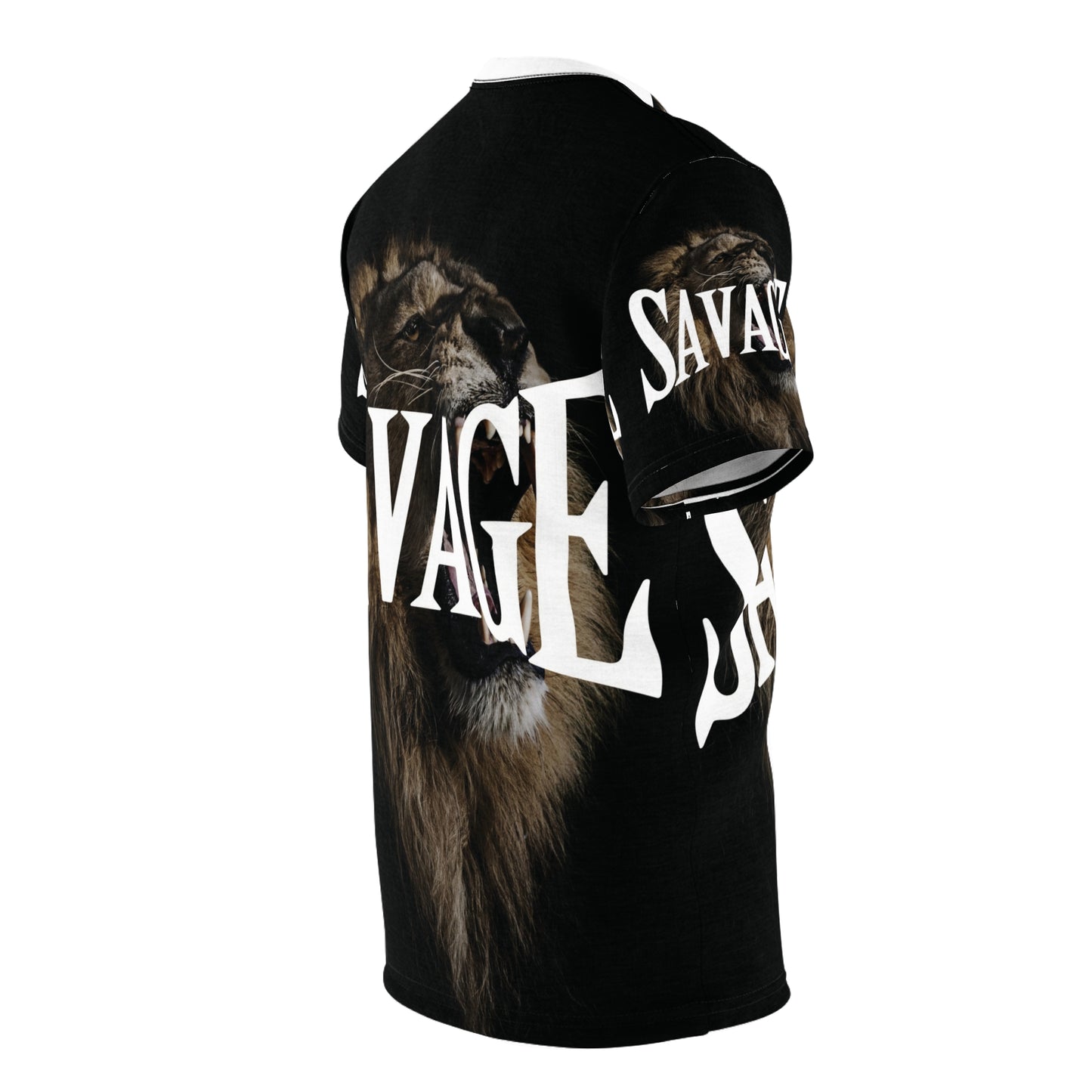 Savage Lion All White Collar Unisex Cut & Sew Tee - Bold Graphic T-Shirt for Fierce Fashion Enthusiasts