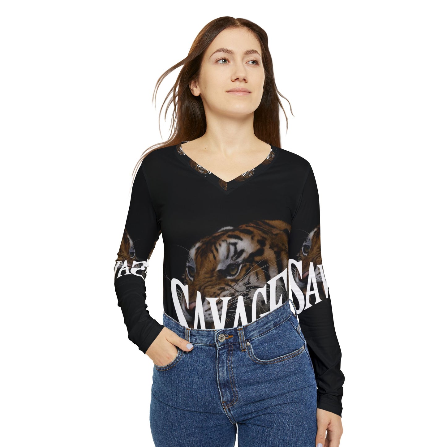 Savage Tiger Women's Long Sleeve V-Neck Shirt - Bold Fashion Statement for Fierce Styles