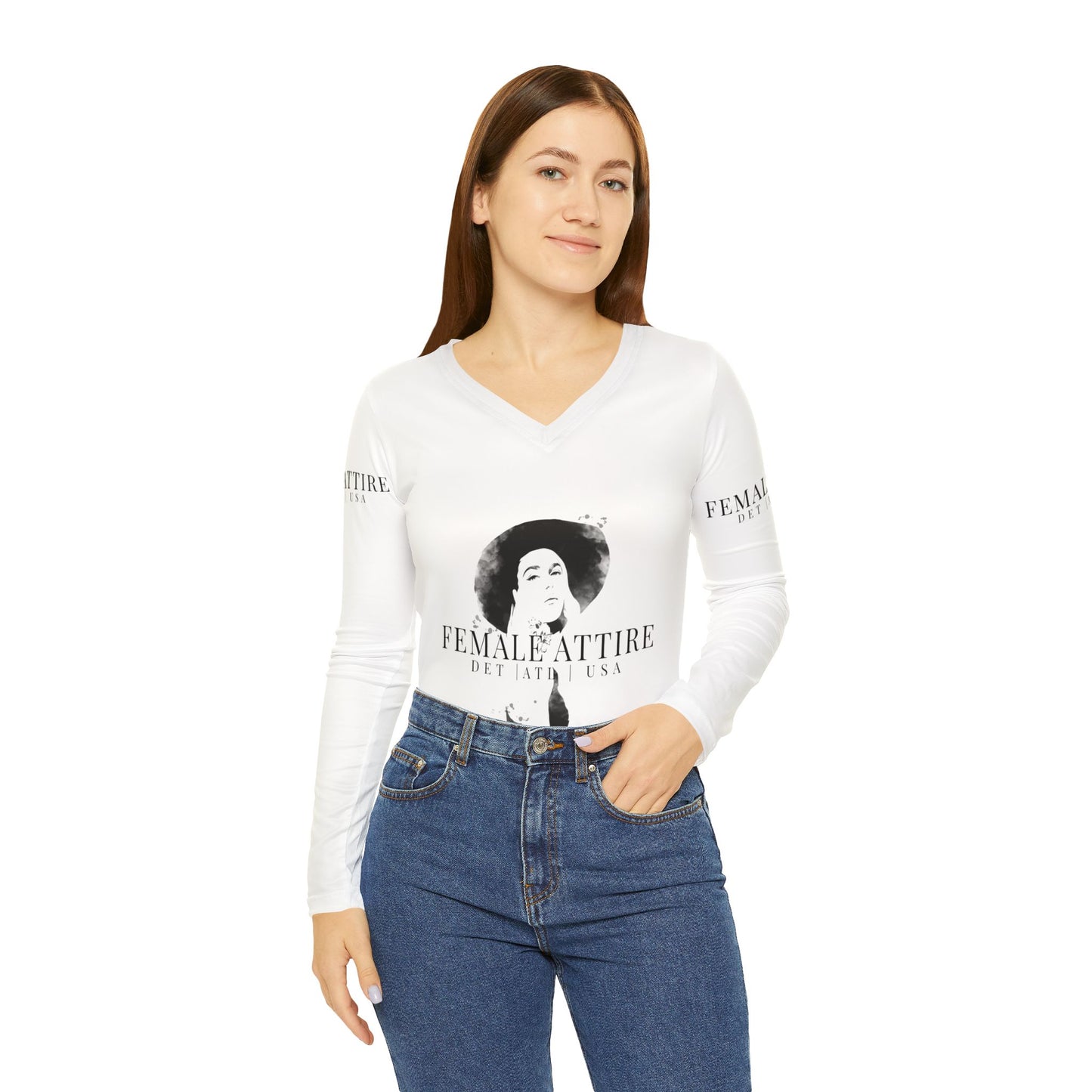 Chic Women's Long Sleeve V-Neck Shirt - Feminine Attire with Stylish Graphic