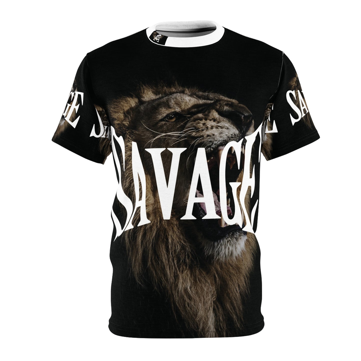 Savage Lion All White Collar Unisex Cut & Sew Tee - Bold Graphic T-Shirt for Fierce Fashion Enthusiasts