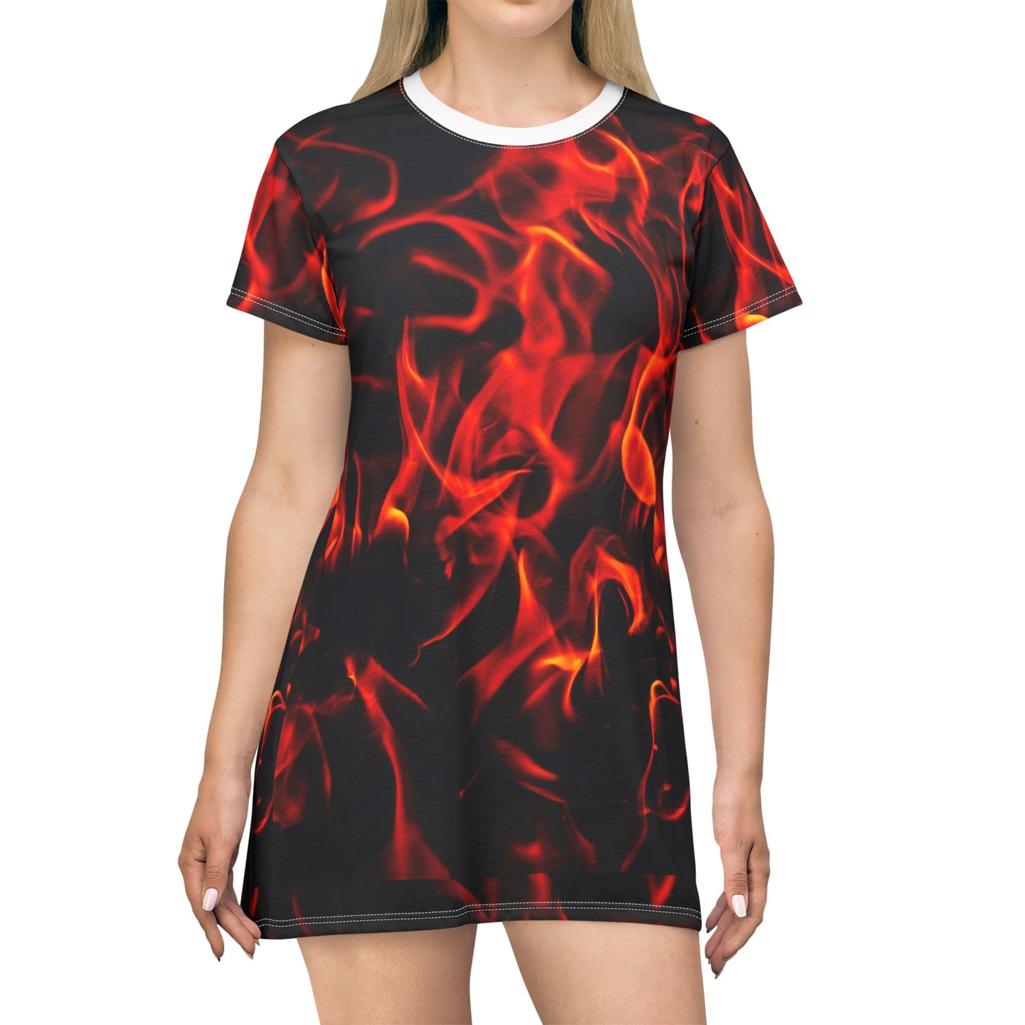 Fiery Flames T-Shirt Dress - Bold & Stylish for Casual Summer Outings