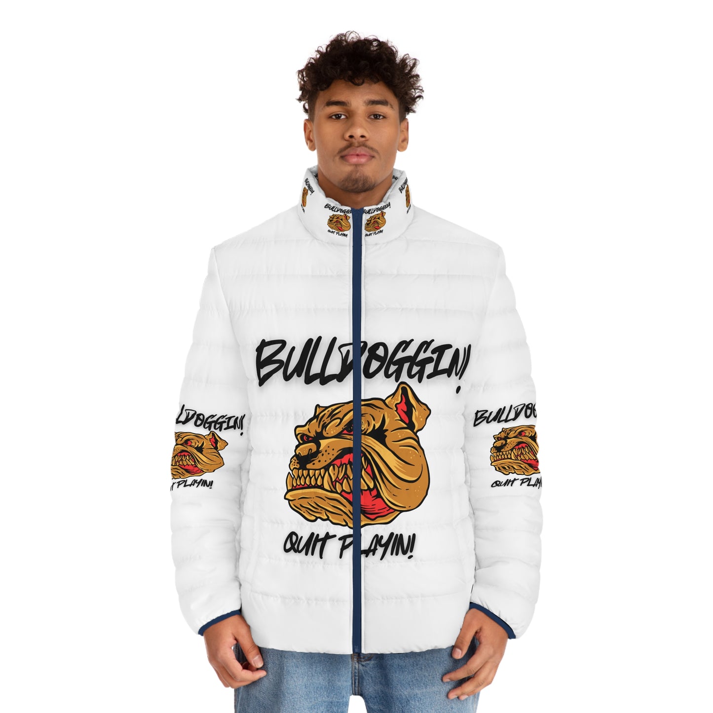 Men's Puffer Jacket - Bulldoggin' Graphic, Keep Warm & Stylish