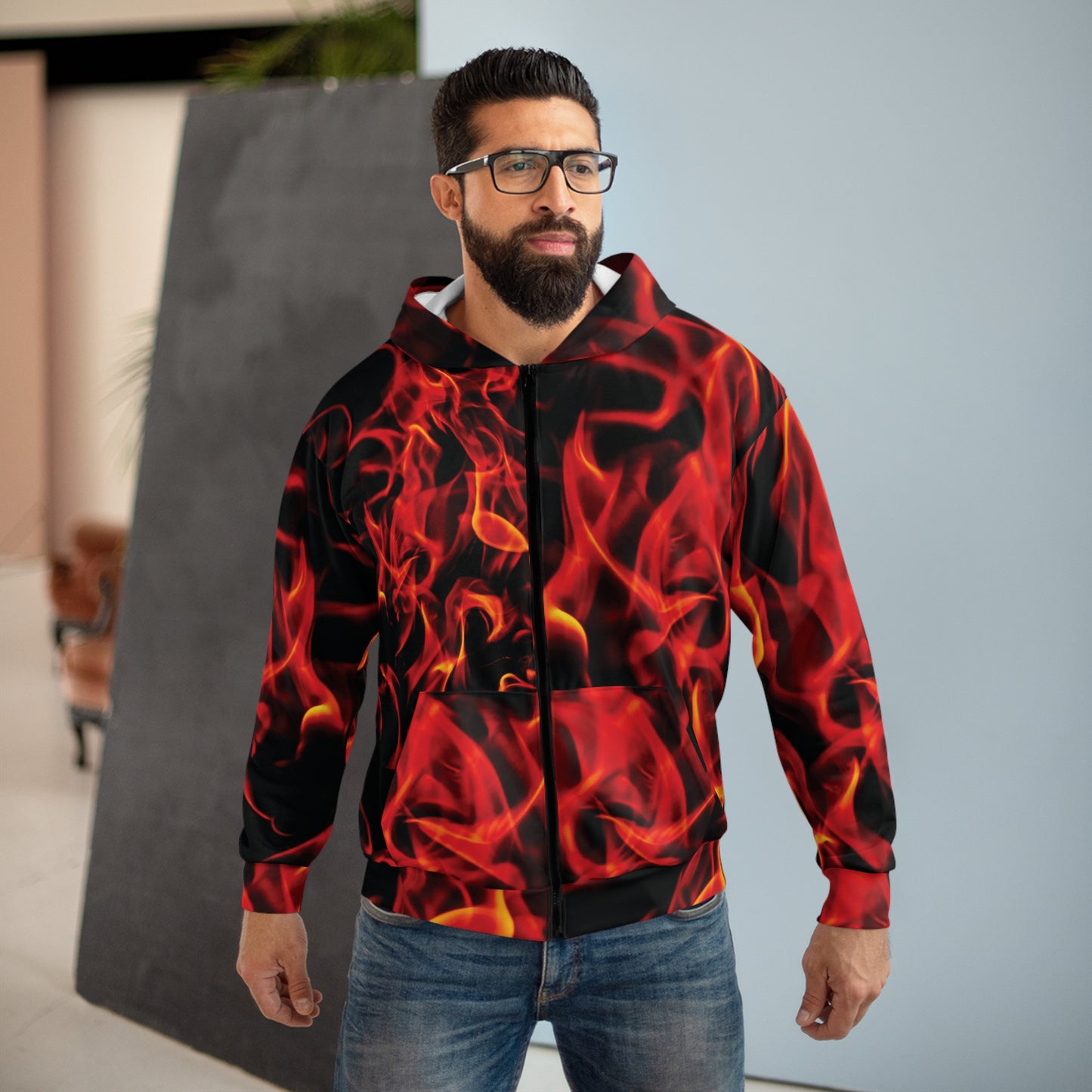 Fiery Flame Unisex Zip Hoodie - Perfect for Street Style and Outdoor Adventures