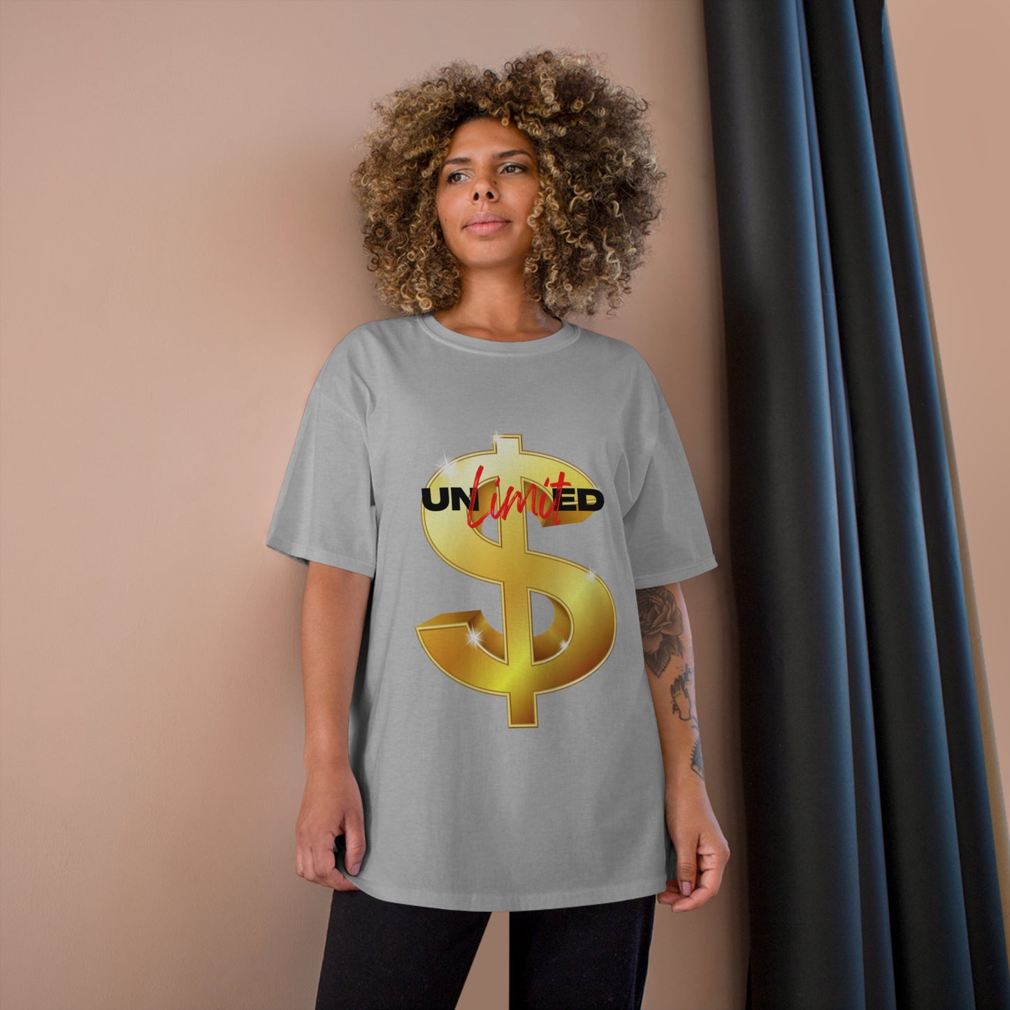 Unlimited Wealth Champion T-Shirt - Gold Dollar Sign Graphic