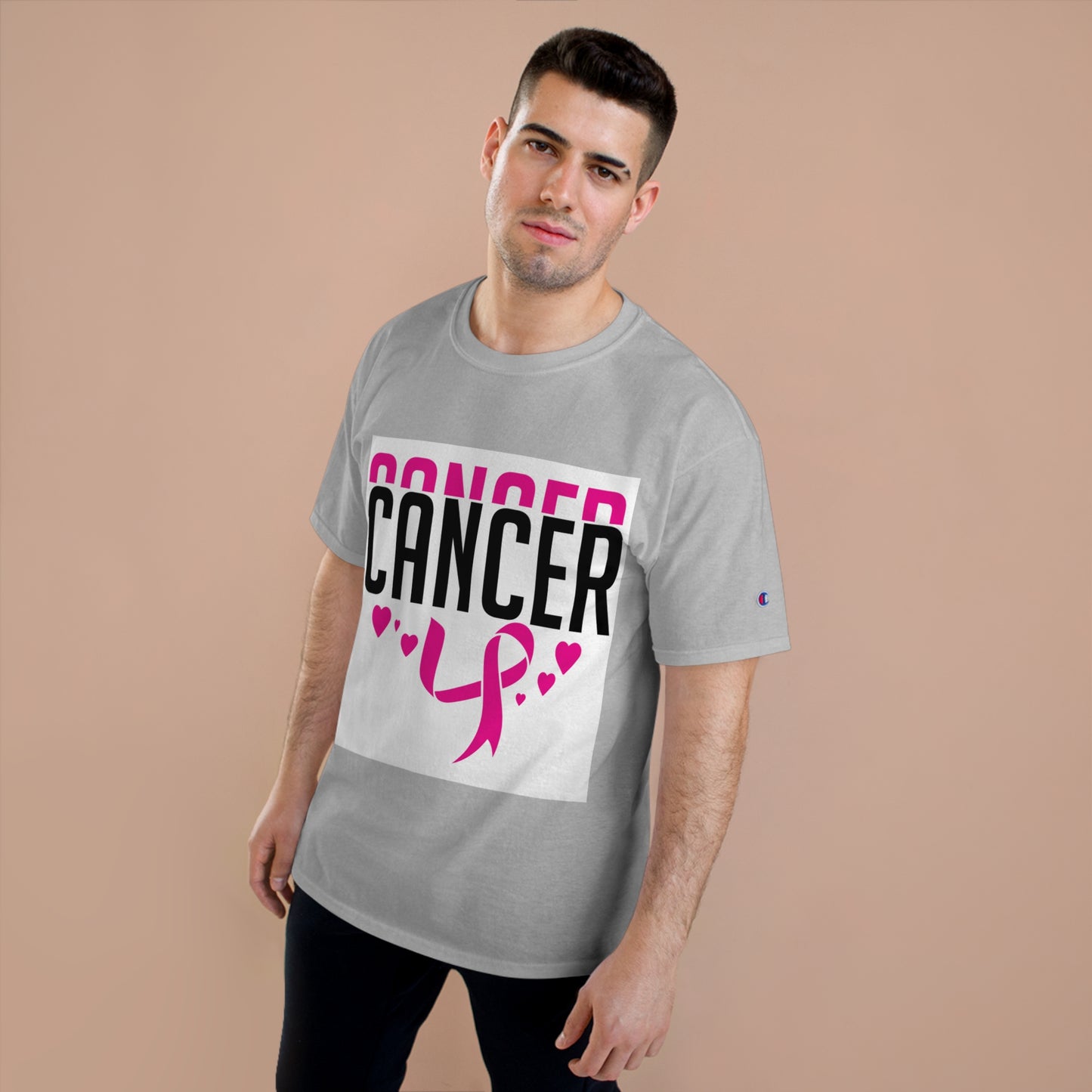 Champion T-Shirt - Cancer Awareness Support Tee with Pink Ribbon & Heart Design