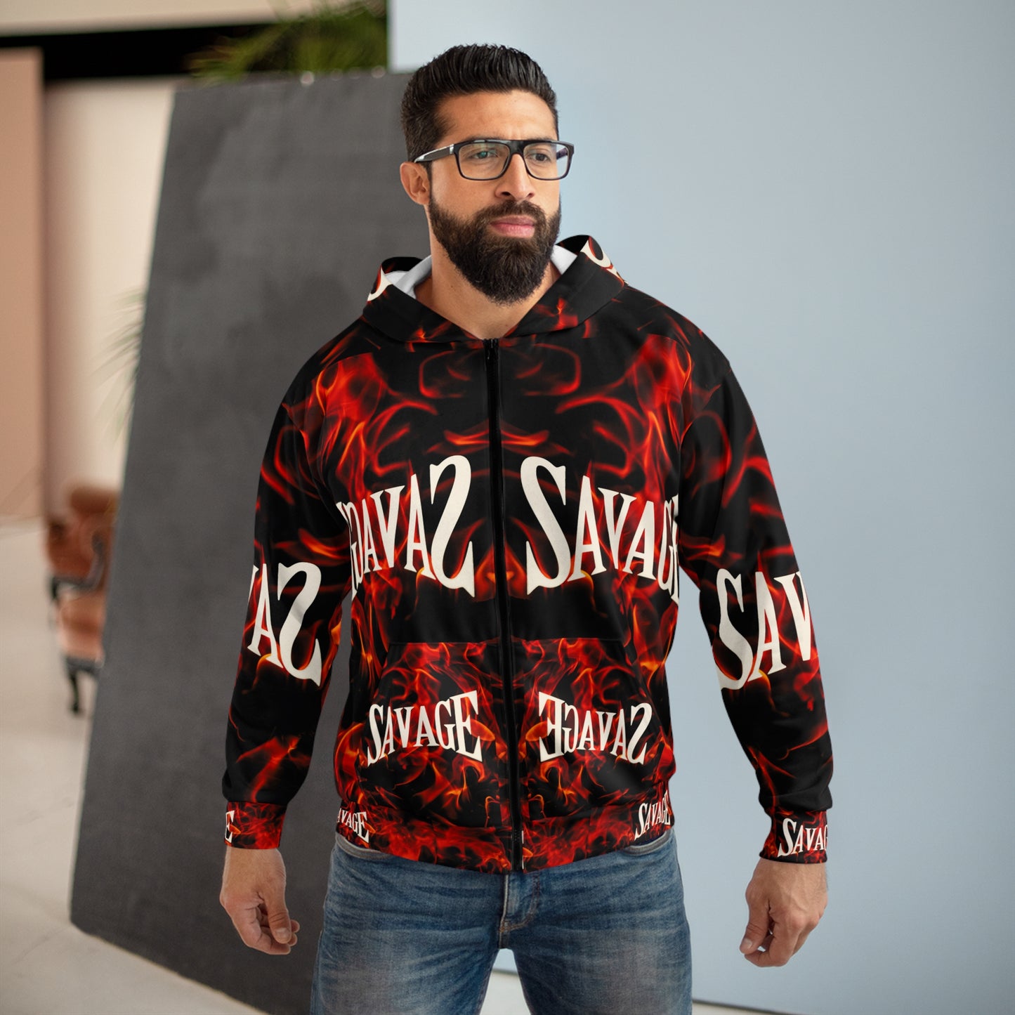 Savage Flames Unisex Zip Hoodie - Trendy Streetwear for Bold Individuals