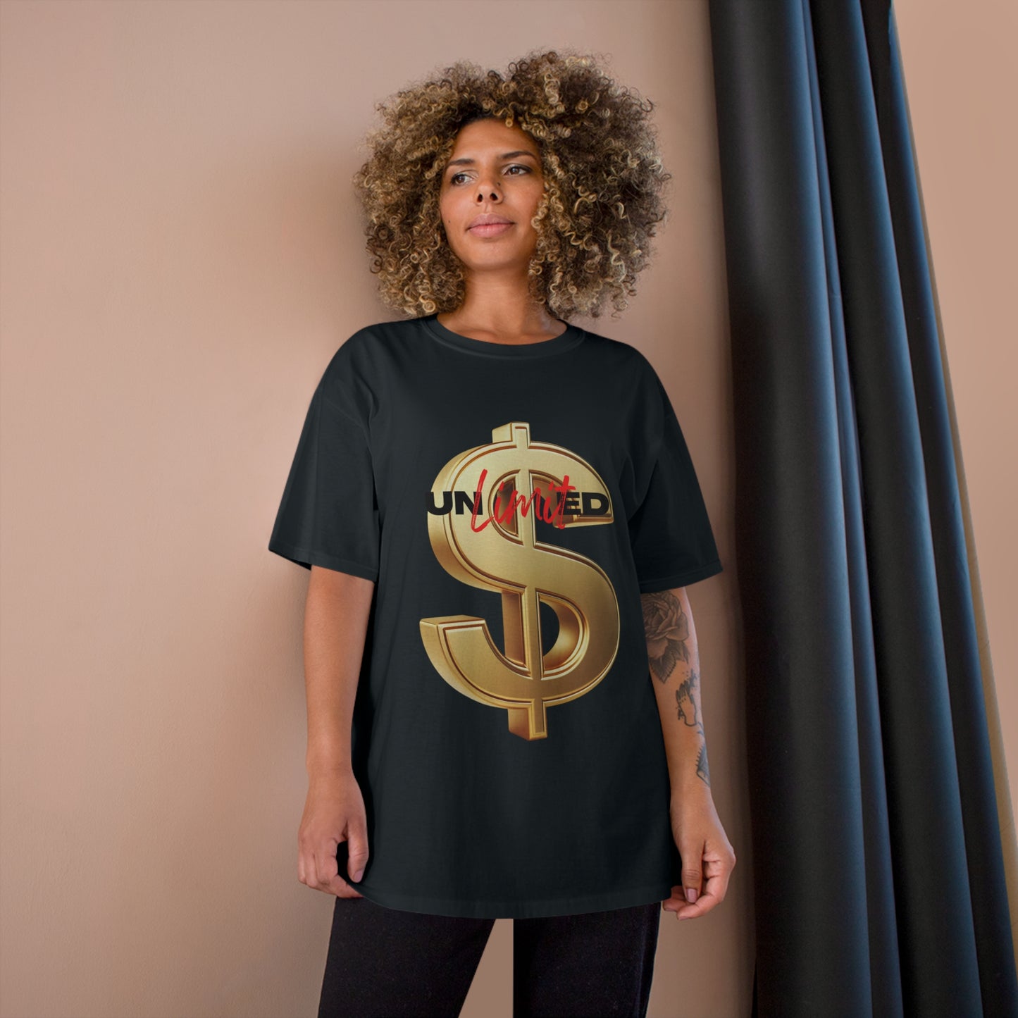 Unlimited Wealth Champion T-Shirt - Bold Gold Dollar Design