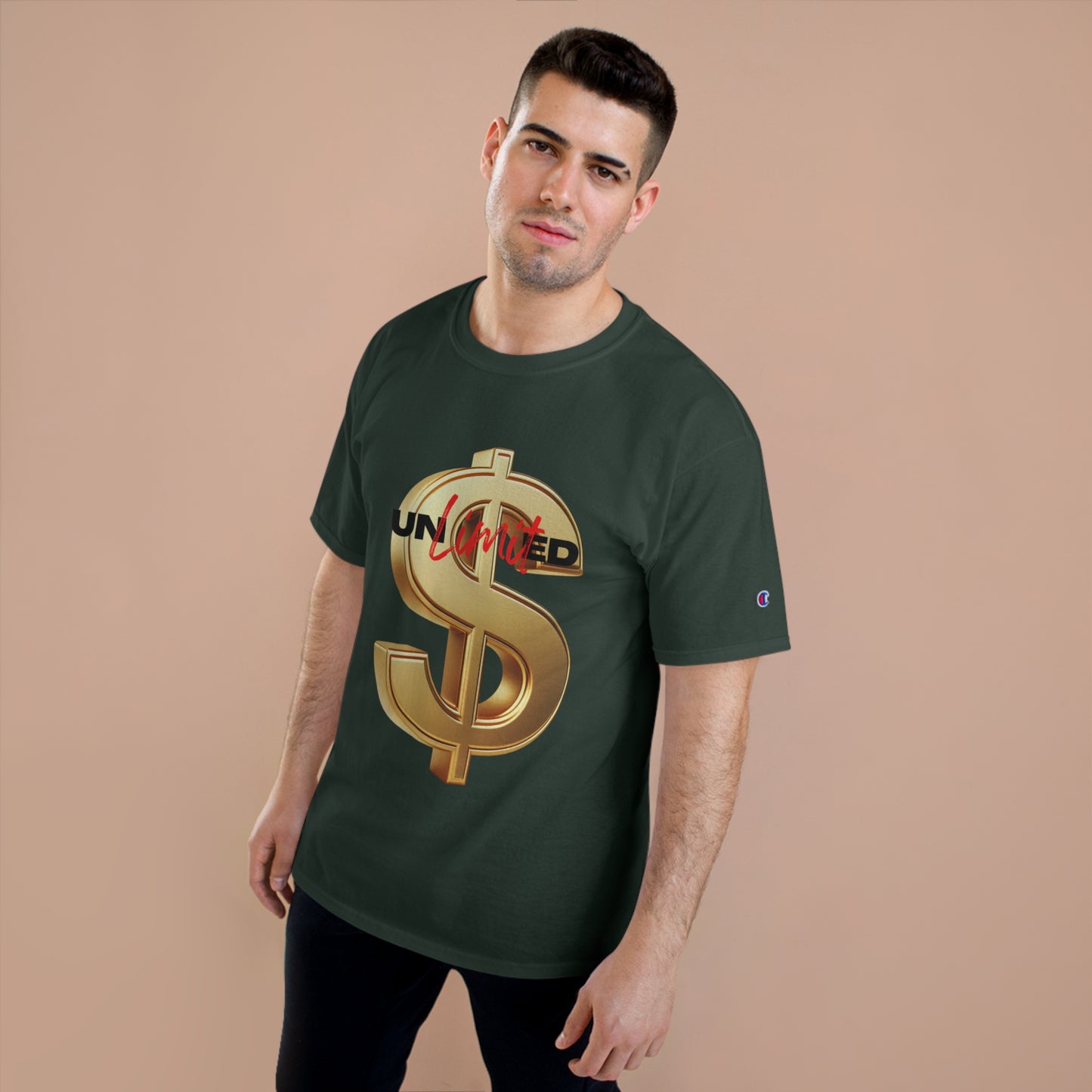 Unlimited Wealth Champion T-Shirt - Bold Gold Dollar Design