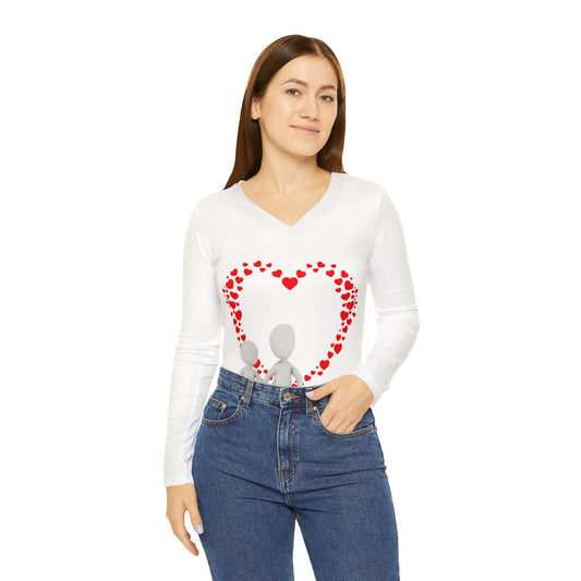 Be My Valentine Women's Long Sleeve V-Neck Shirt - Romantic Heart Design