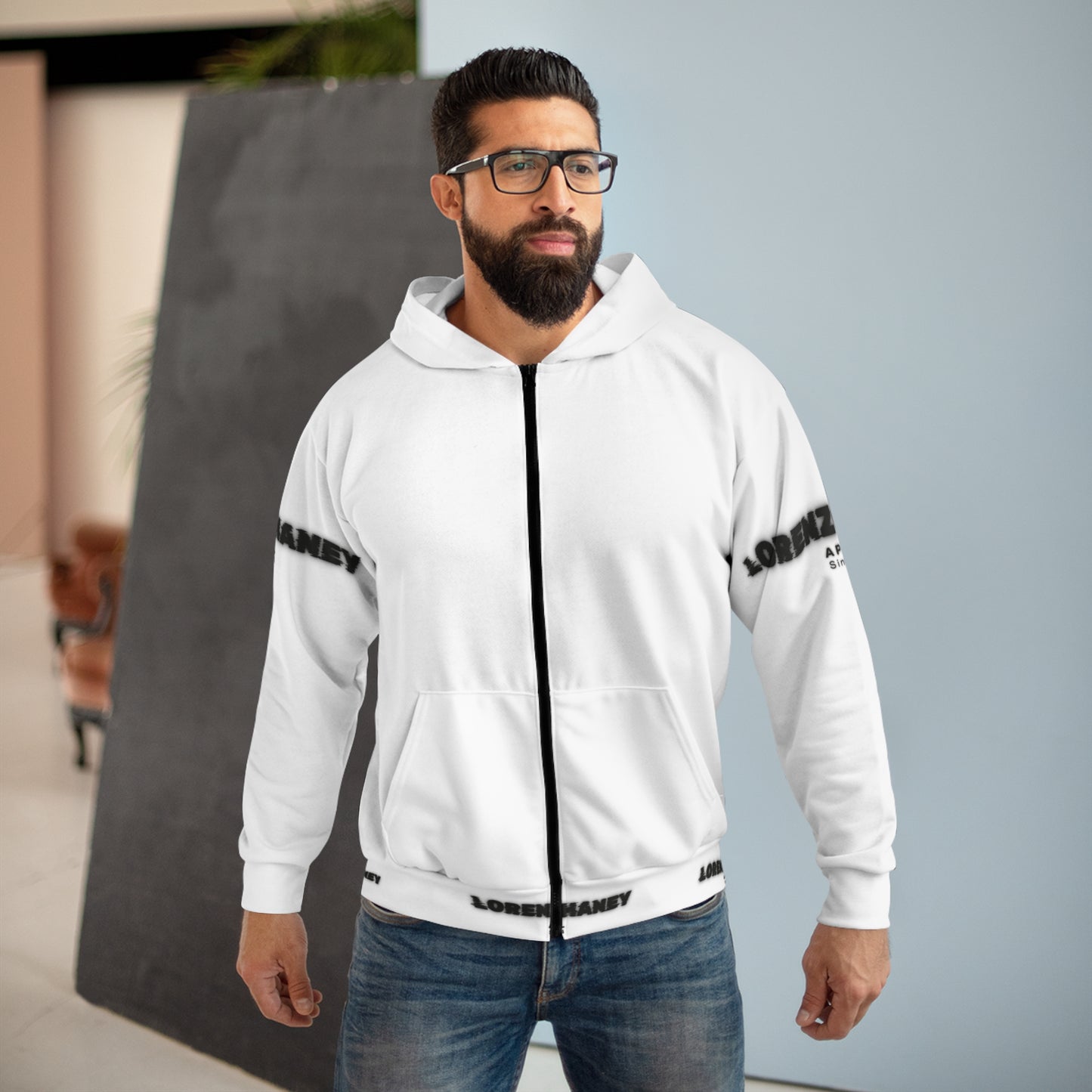 Lorenzo Chaney Trendy Unisex Zip Hoodie with Bold Logo - Perfect for Casual Days and Streetwear Style