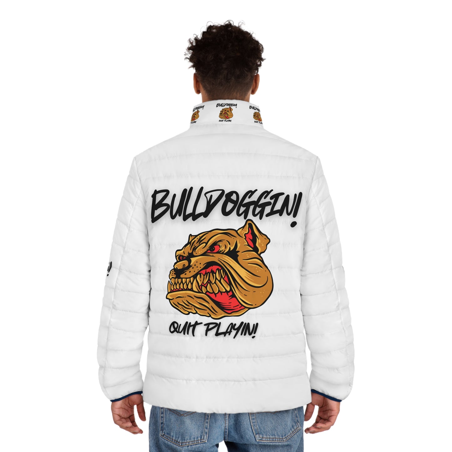 Men's Puffer Jacket - Bulldoggin' Graphic, Keep Warm & Stylish