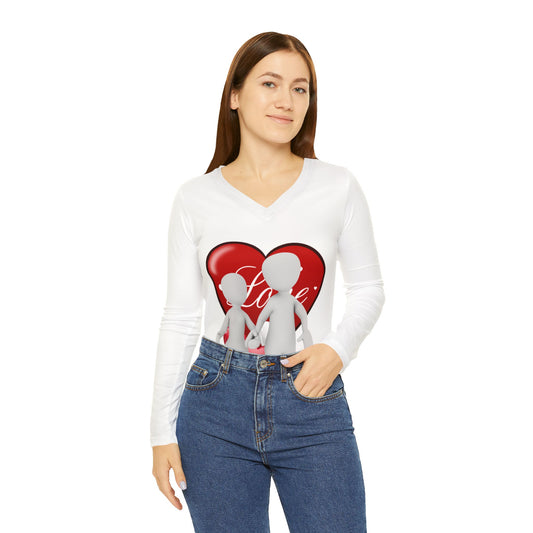 Cute Couples Long Sleeve V-Neck Shirt - 'Love' Design