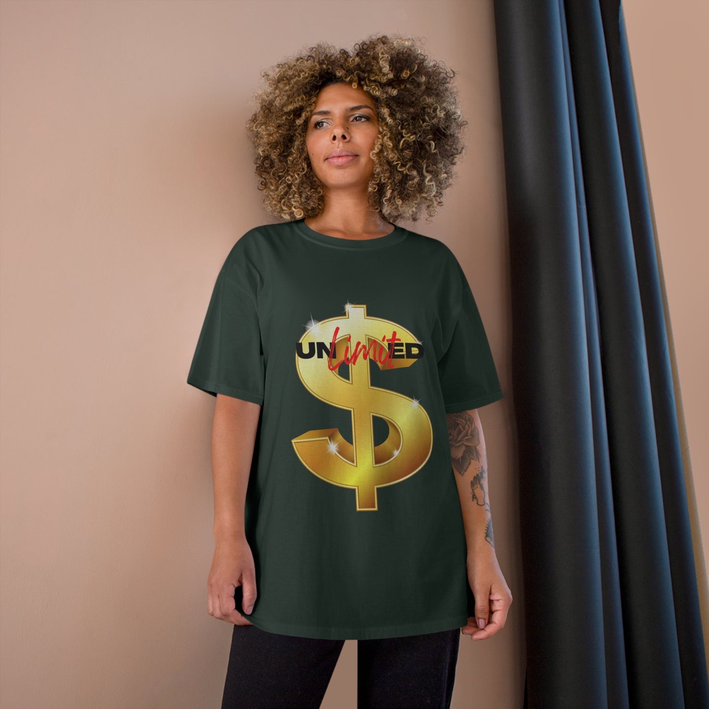 Unlimited Wealth Champion T-Shirt - Gold Dollar Sign Graphic