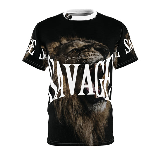 Savage Lion All White Collar Unisex Cut & Sew Tee - Bold Graphic T-Shirt for Fierce Fashion Enthusiasts