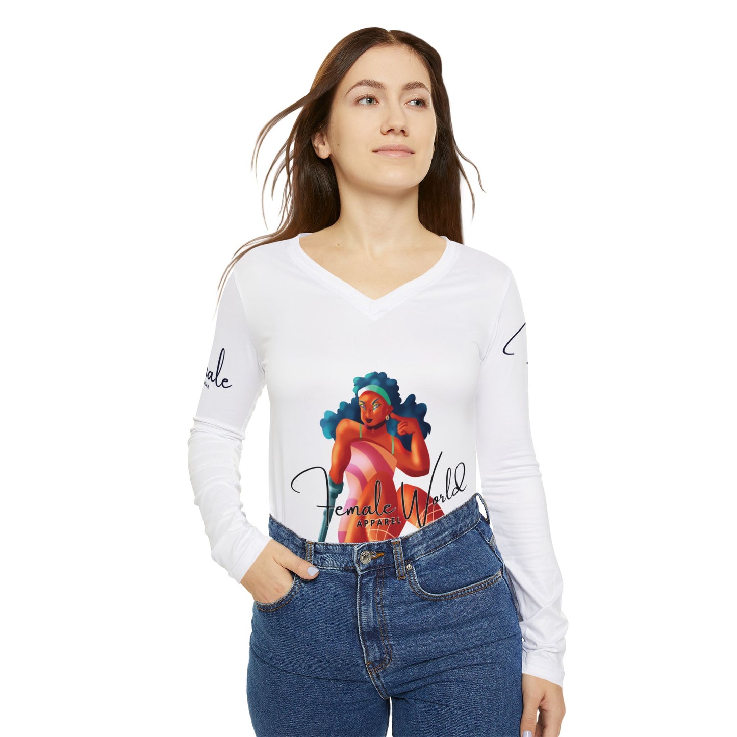 Female World Women’s Long Sleeve V-Neck Shirt - Stylish Female Empowerment Tee